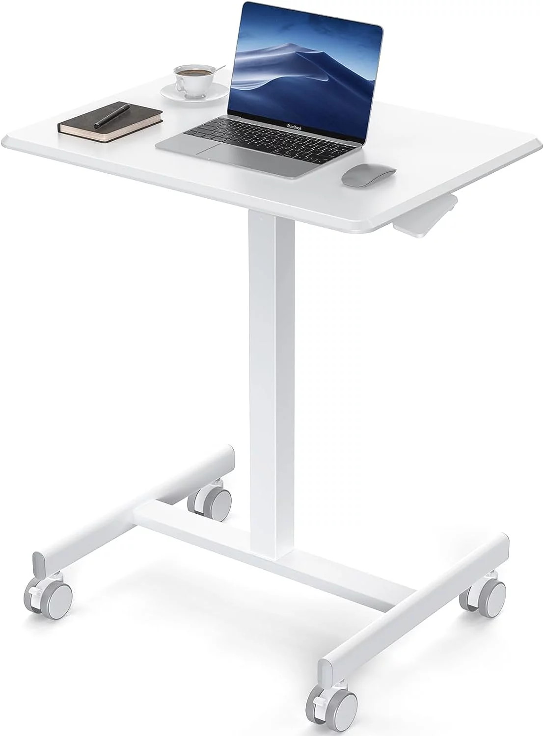 Small Mobile Rolling Standing Desk - Overbed Table, Teacher Podium with Wheels, Adjustable Height Table, Rolling Desk Laptop Computer Cart for Home, Office, Classroom, White