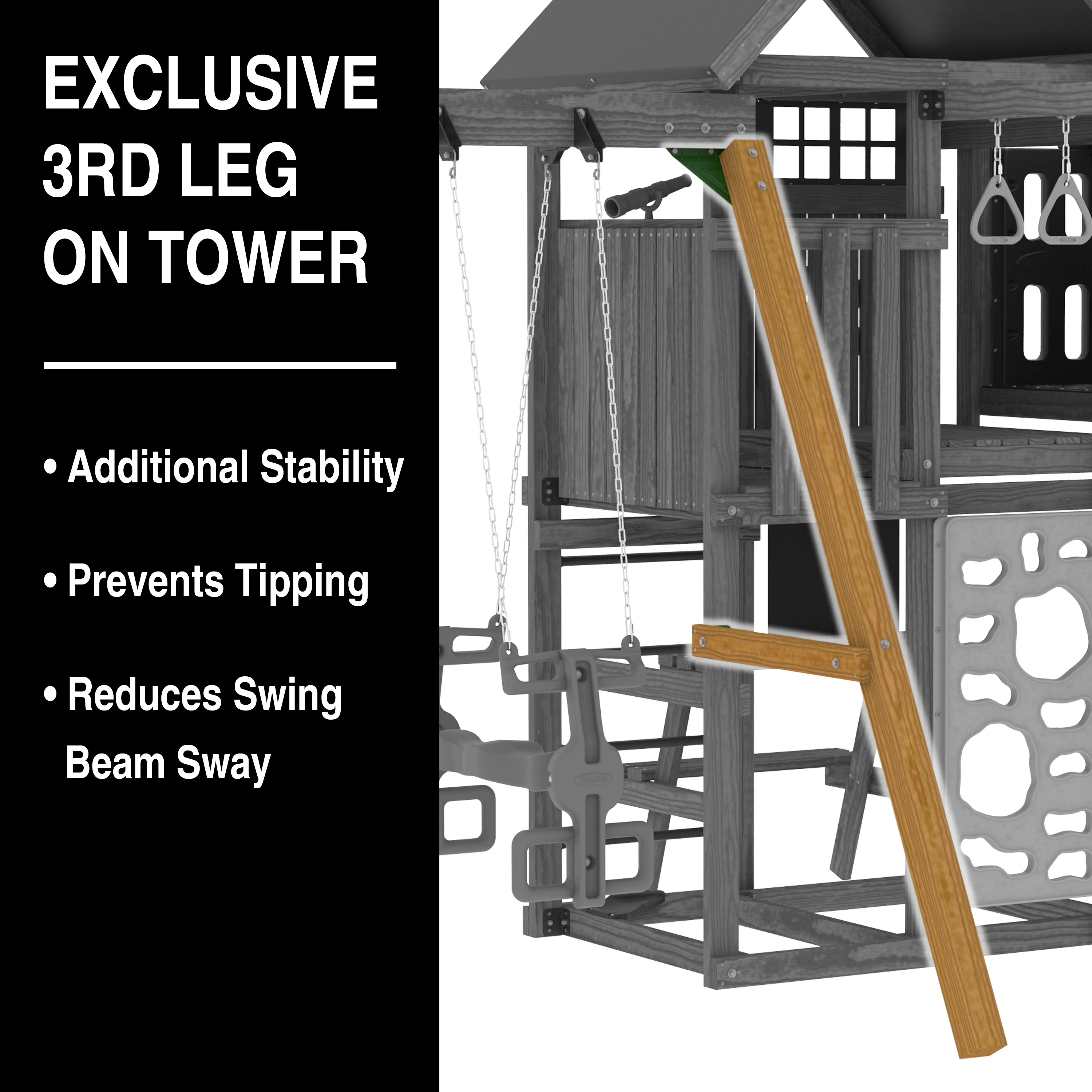 PLAYSTAR ALL PRO BRONZE SWING SET (A). SOUTHERN PINE LUMBER. INCLUDES SLIDE, ROCK CLIMBING WALL. ADVENTURE TUNNEL, SWINGS, GYM RINGS, & CLIMBING BARS. 15 ACTIVITIES 21X10X10 FT