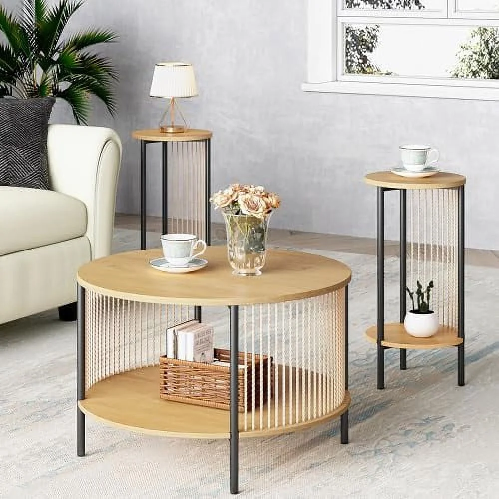 JYHOME Natural Fiber Rope Coffee Table Set of 3 for Living Room  Round Wooden Rattan Coffee Table and Two End Tables   2 Tier Modern  with Metal Frame for Apartment Office (Natural)