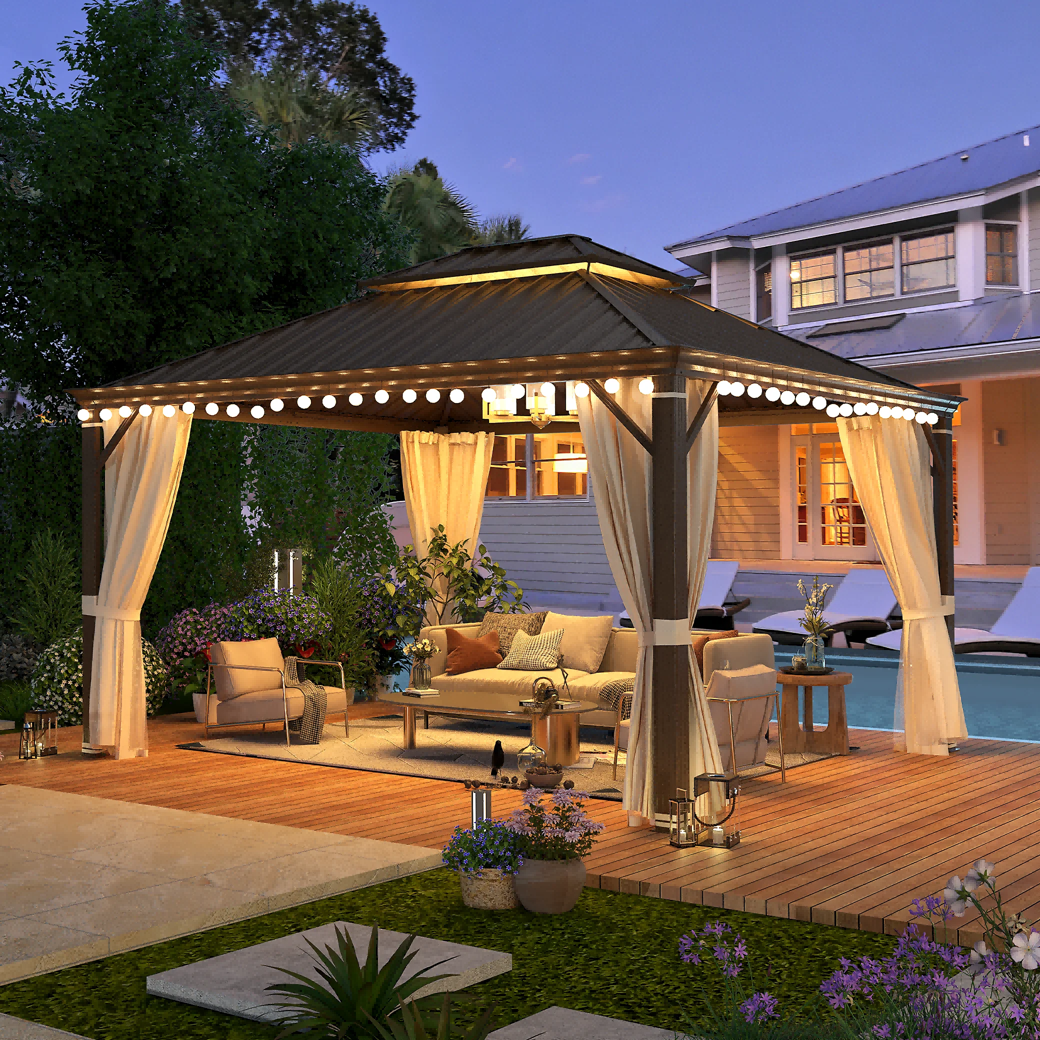 Richryce 12' X 14' Hardtop Gazebo Aluminum Frame Gazebo with Galvanized Steel Double Roof