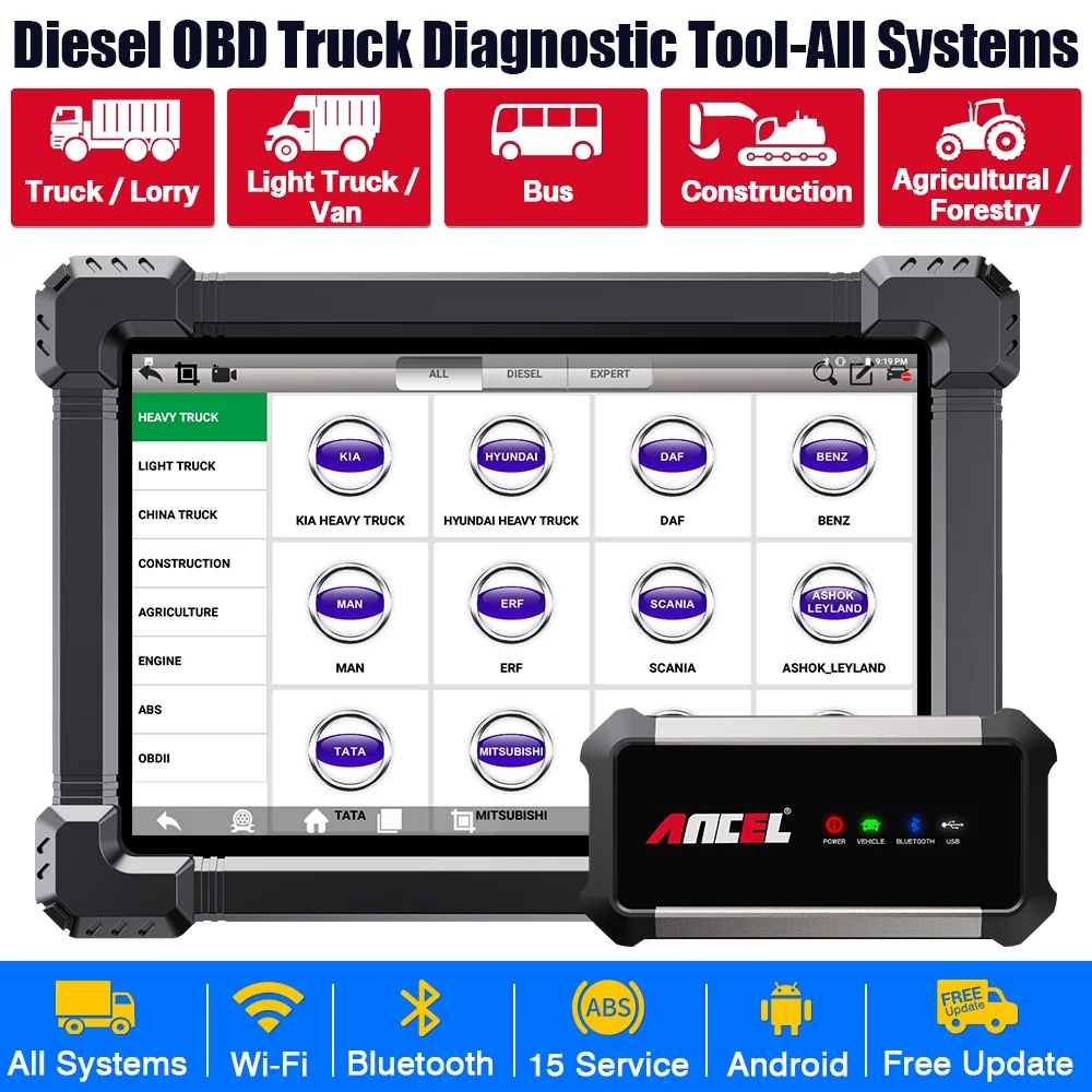 Ancel 24V 12V Diesel Heavy Duty Truck Scanner Diagnostic Tool Full System ECU Reset All System DPF Regen