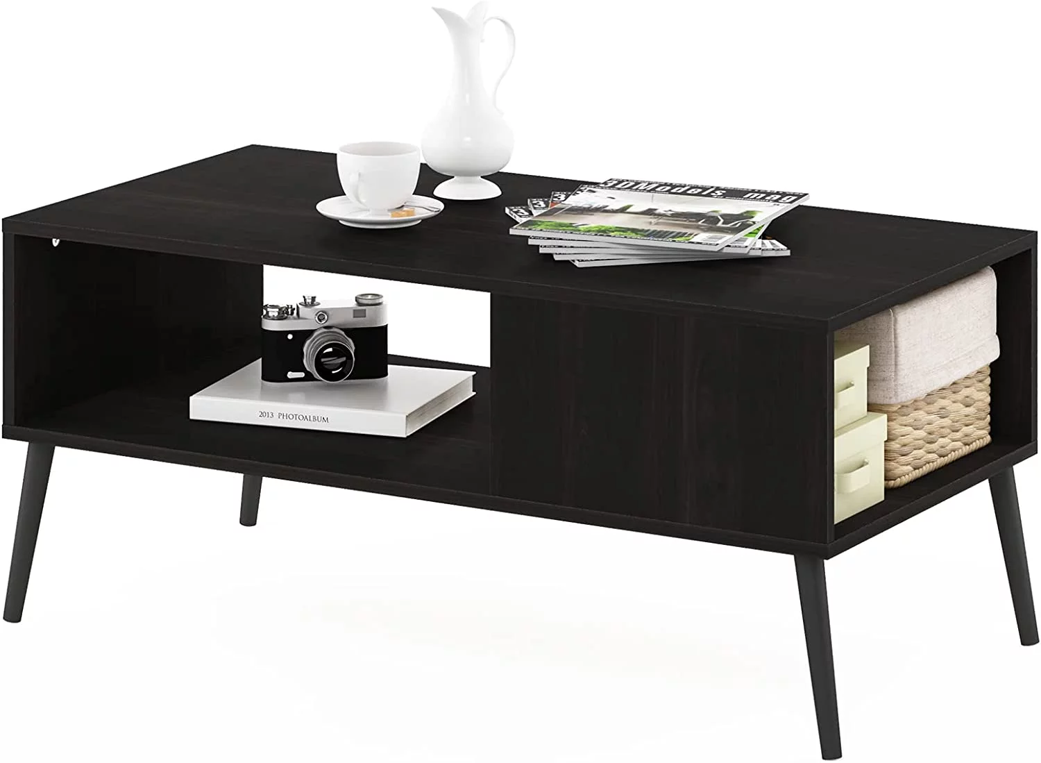 Furinno Claude Mid Century Style Coffee Table with Wood Legs, Espresso