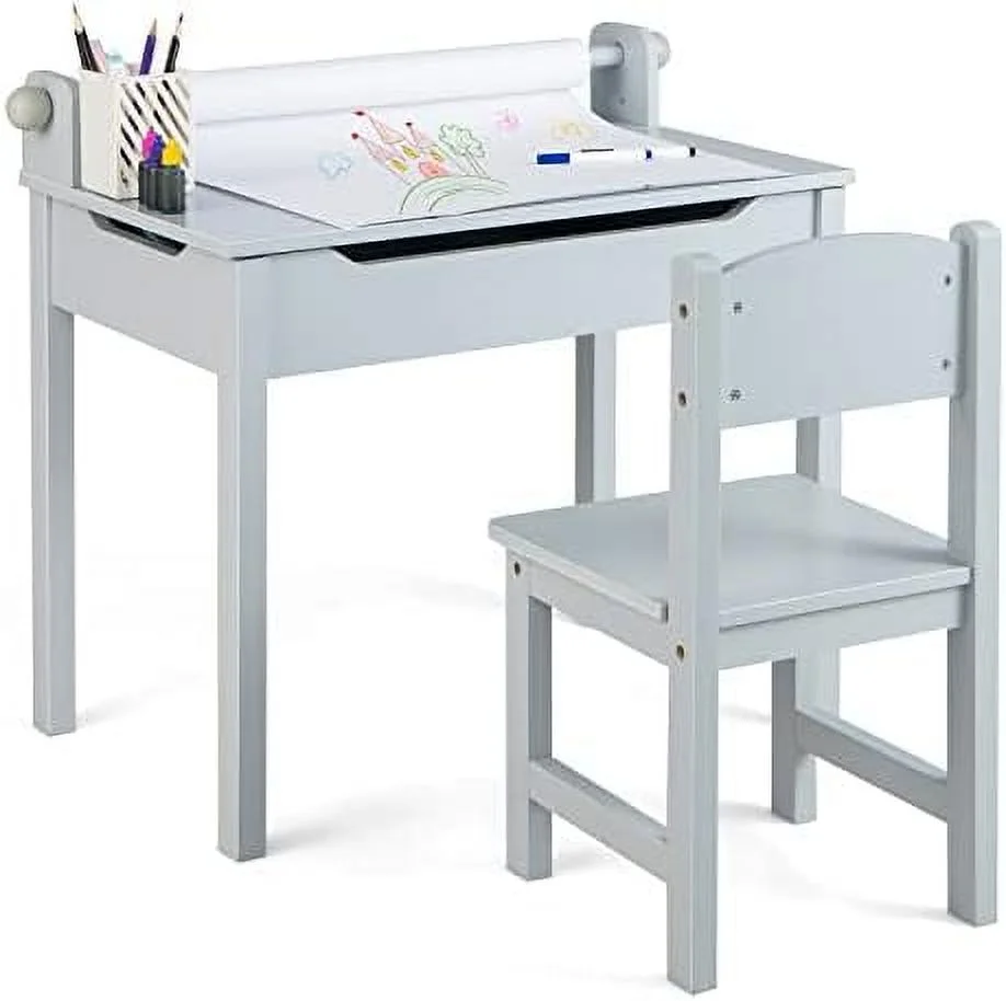 SQHJV Table and Chair Set  Flip Top  Art Craft Table w/Chair for Playroom Kindergarten  Toddler Drawing Writing Desk Set w/Paper Roll & 2 Markers  Gift for Boys Girls Ages 3+ (Gray)