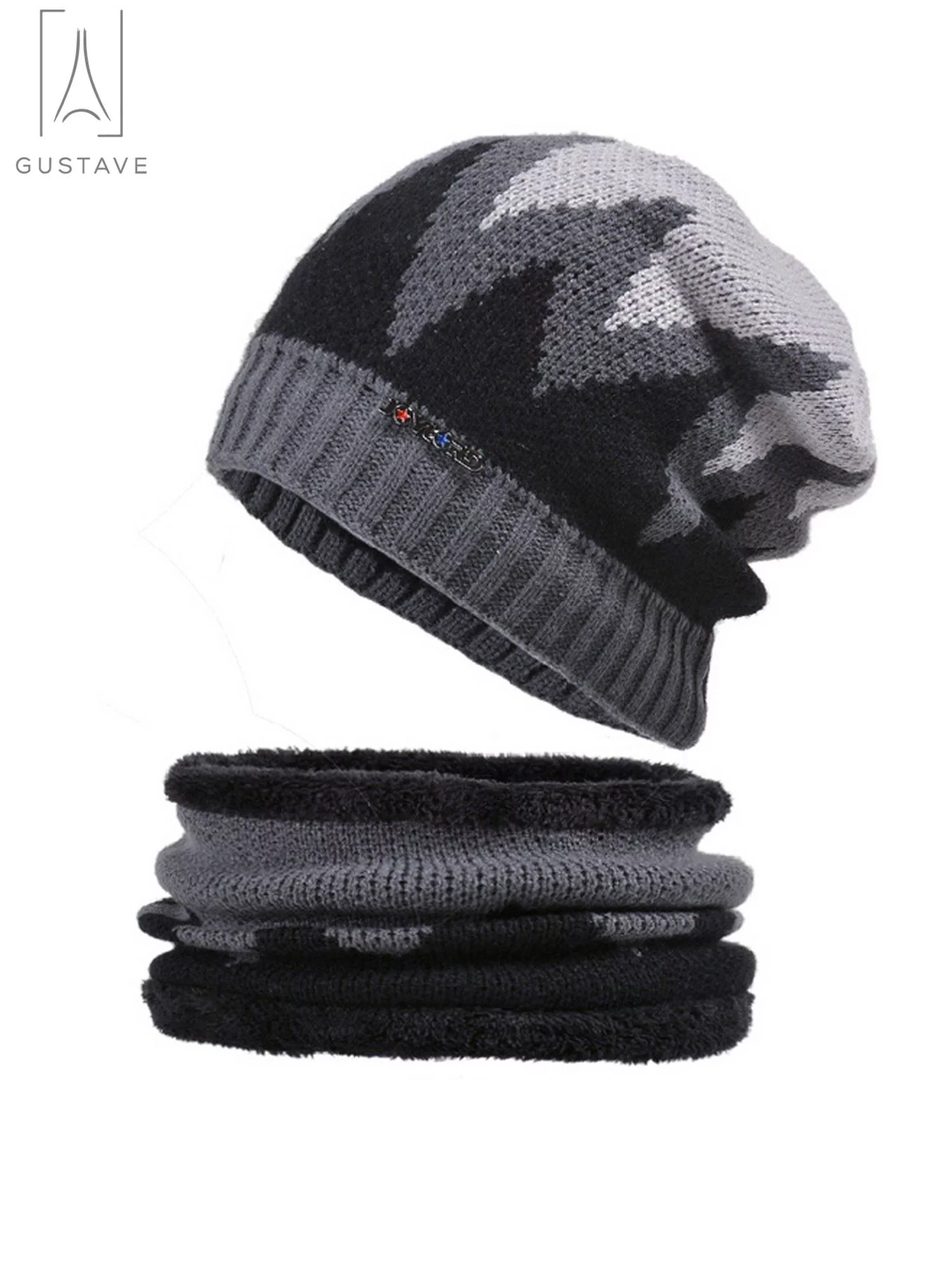 Gustave 2 Pieces Winter Beanie Hat and Scarf Set Warm Hat Knit Thick Fleece Lined Skull Cap Circle Scarf Neck Warmer for Men Women Gifts, Gray