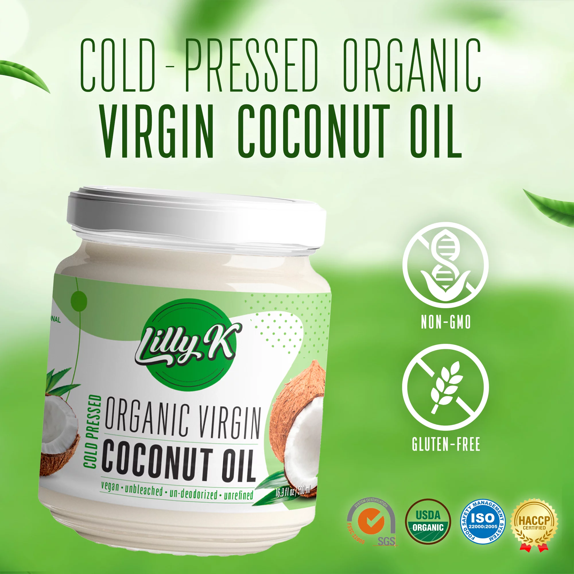 Lilly K Coconut Oil, Cold-Pressed, All Natural Organic Virgin for Cooking and Baking, and Skin/Hair, Sealed Glass Jar, 16.9 fl oz/500 mL