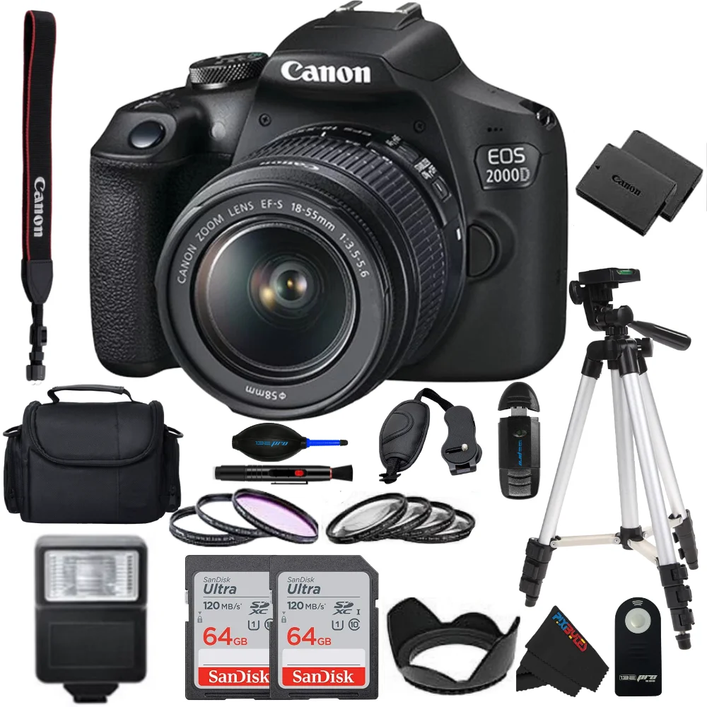 Canon EOS 2000D (Rebel T7) DSLR Camera with EF-S 18-55mm f/3.5-5.6 Lens - PixiBytes Deluxe Bundle - Includes: 2x SanDisk Ultra 64GB SDHC Memory & So Much More