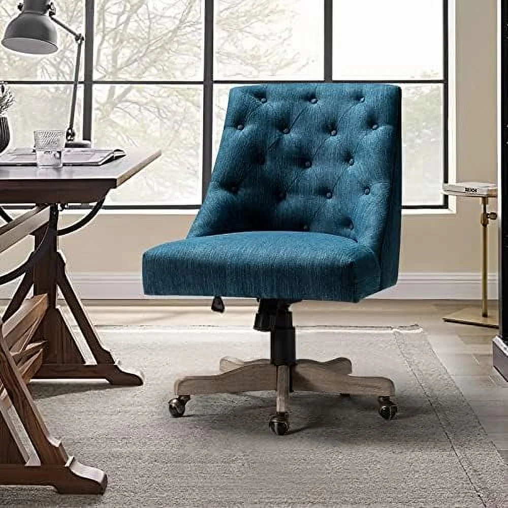 NLTBONNIE Modern Tufted Armless Home Office Chair  Comfy Upholstered Desk Chair with Vintage Wood Base  Height Adjustable Swivel Computer Task Chair for Living Room Bedroom  Blue