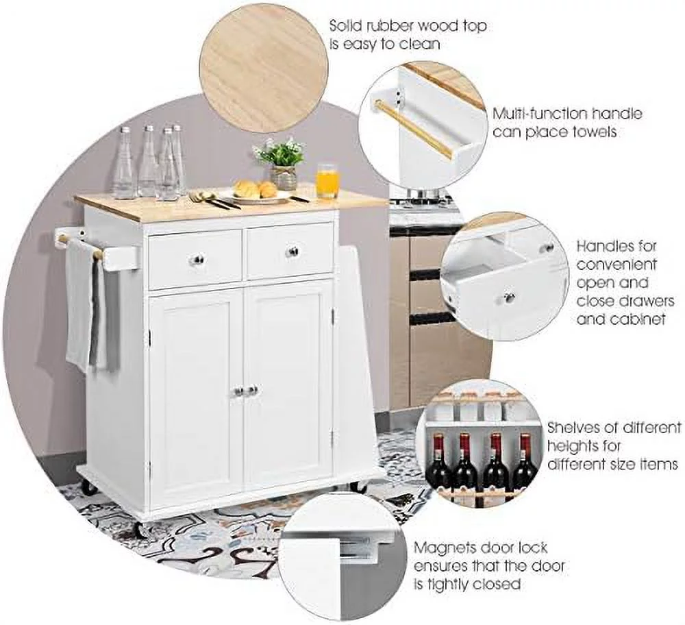 CHGTYS Kitchen Island Cart  Rolling Wood Trolley with  Cabinet  Towel Handle  2 Drawers  Side Spice Rack and Wine Bottle Rack  Kitchen Cart on Wheels  Rubber Wood Countertop (Black)