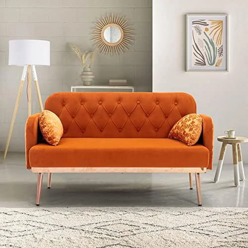 MQLIFEBOOM 55" Small Velvet Couch with Elegant  Shape Pillows  Twin Size Loveseat Accent Sofa with Golden Metal Legs  Living Room Sofa with Tufted Backrest  600 Pounds Weight Capacity