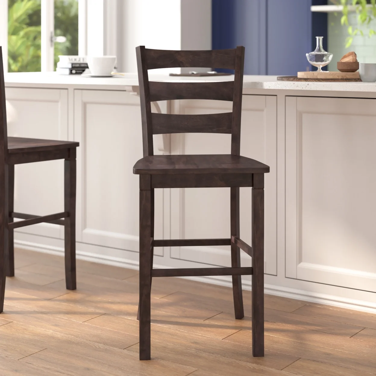 2 Piece Bar Stool, Slatted Design Back, Washed Gray
