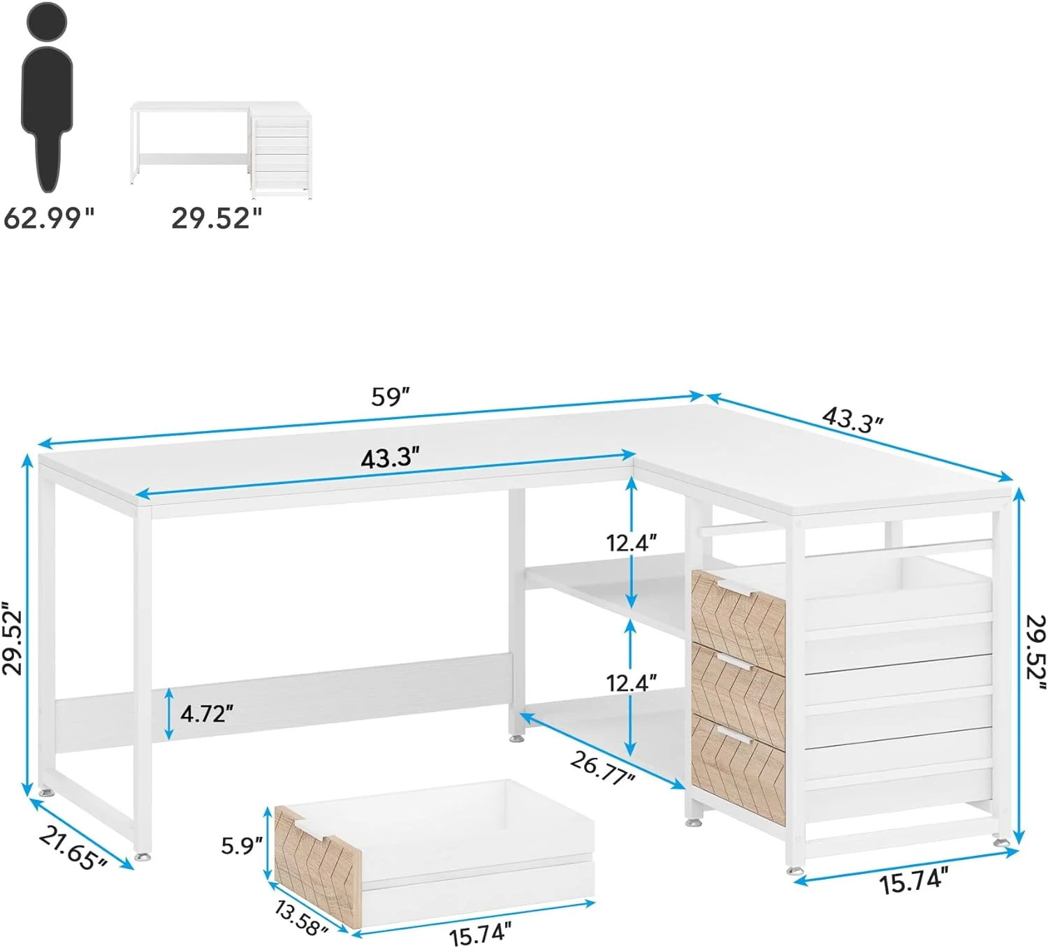 U-SHARE L Shaped Computer Desk with Storage Drawers, 59 inch Corner Desk with Shelves, Reversible L-Shaped Office Desk Study Writing Table Workstation for Home Office, White