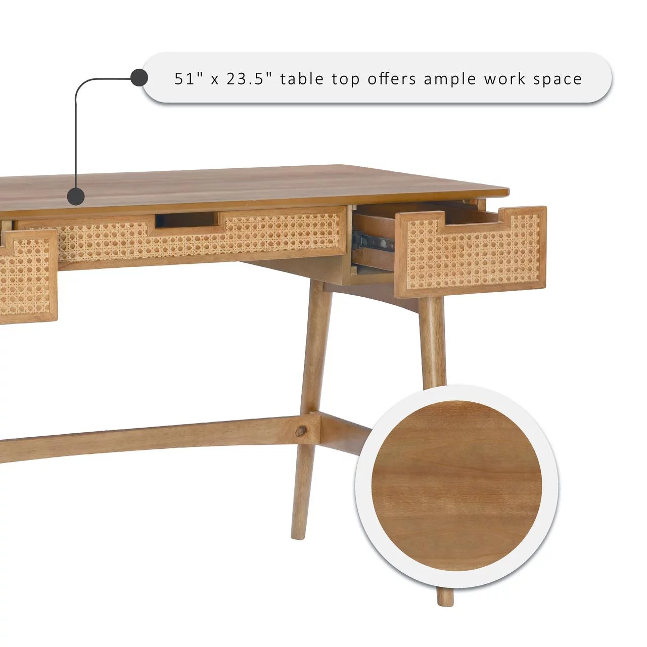 Linon Renda 3-Drawer Rattan Writing Desk, 51