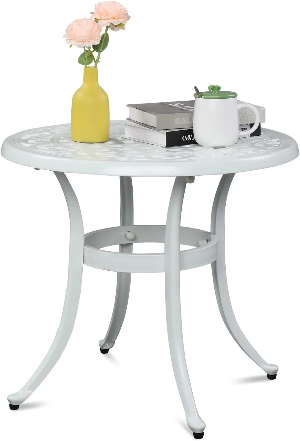 24” Cast Aluminum Outdoor Side Table, All Weather Round Patio Coffee Table Porch Table Outdoor Bistro Table Outdoor End Table (White)