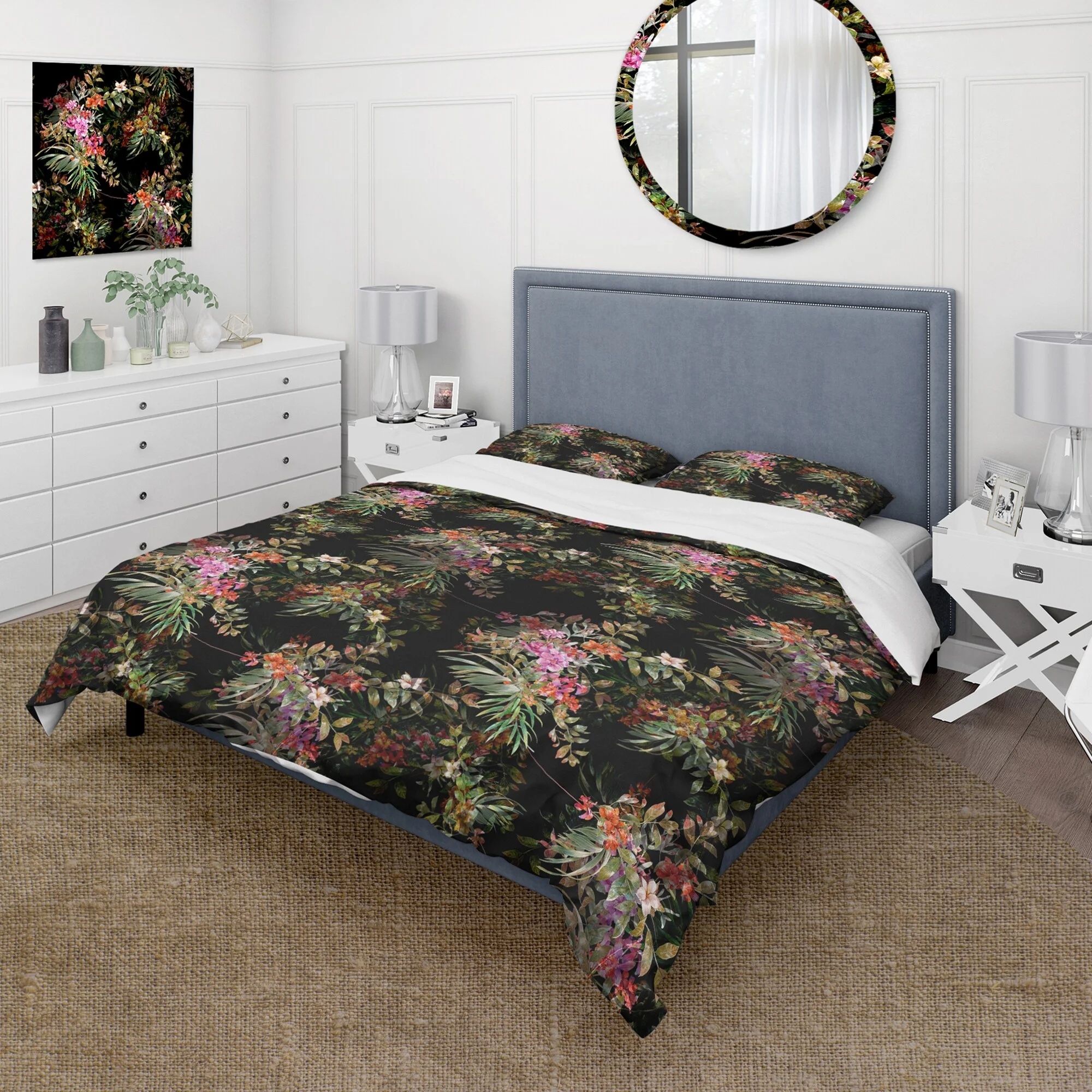 DESIGN ART Designart 'Palm Leafs And Flowers On Grunge Black Background' Traditional Duvet Cover Set Full - Queen