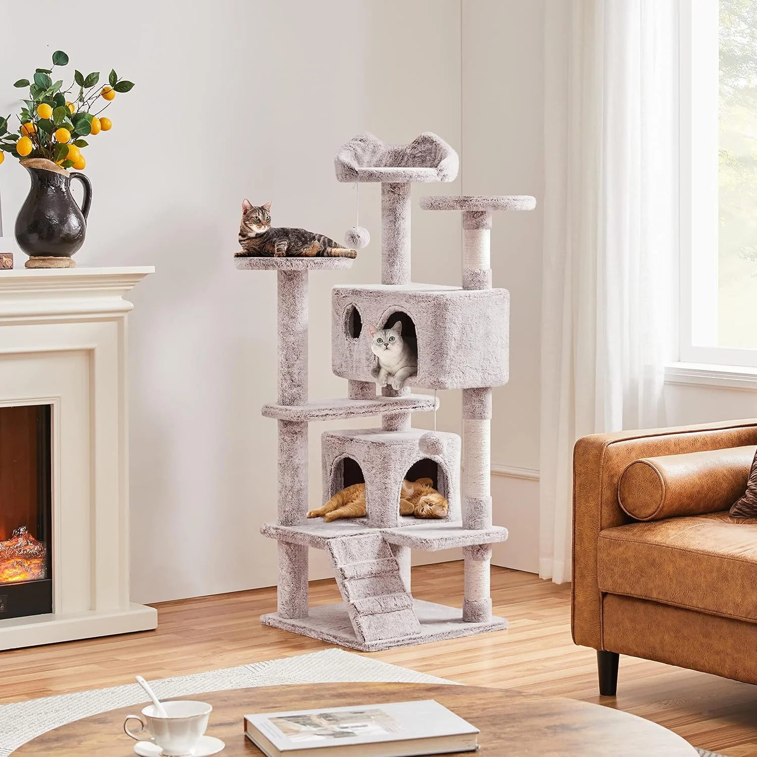 54in Cat Tree, Cat Tower with Double Cat Condo, Sisal Scratching Posts, and Dangling Balls, Cat Furniture Kitten Play House