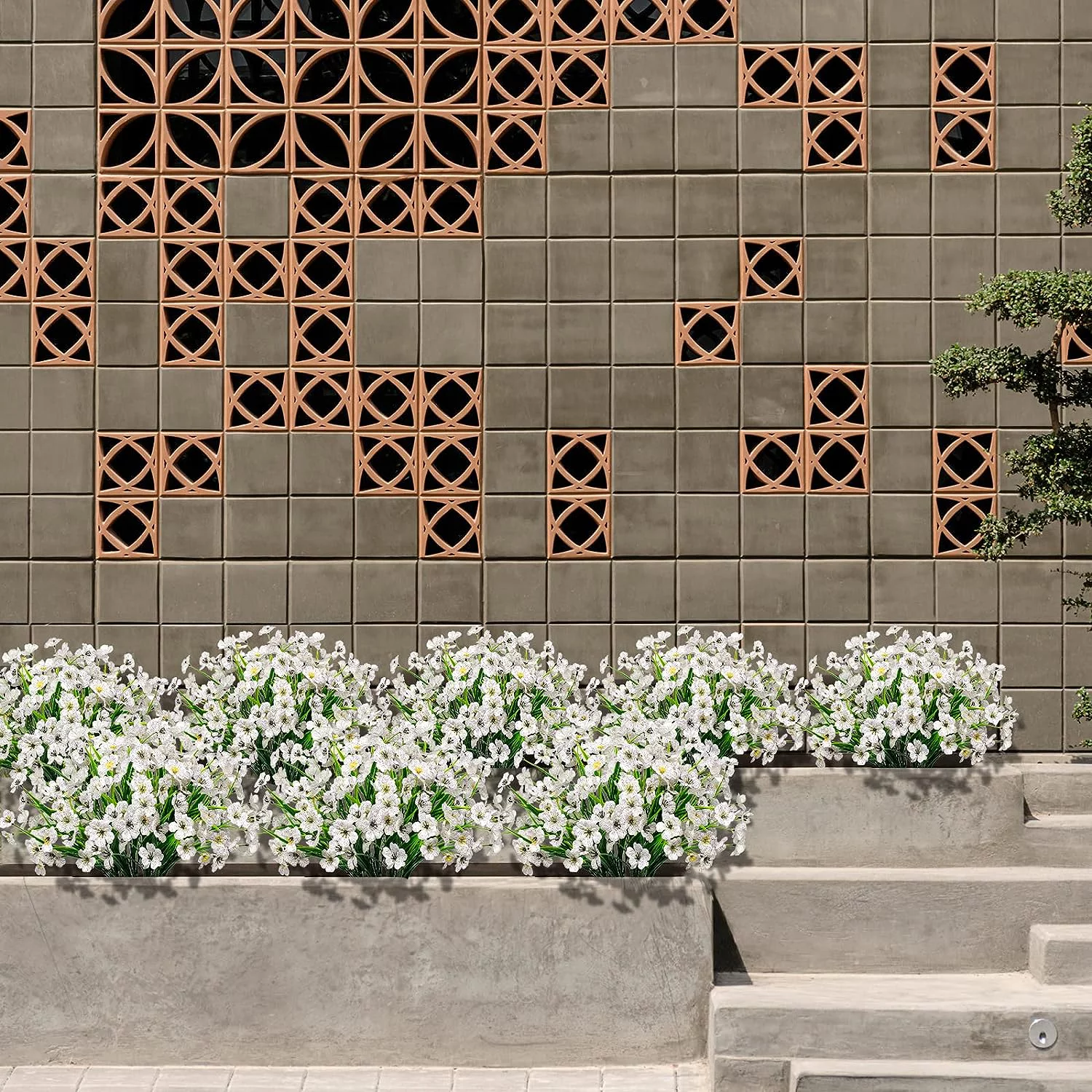 Zukuco 12PCS Artificial Flowers Outdoor UV Resistant Fake Silk Plants Plastic Faux Shrubs Outside Front Porch Window Box Garden Home Hanging Planter Decor (White)