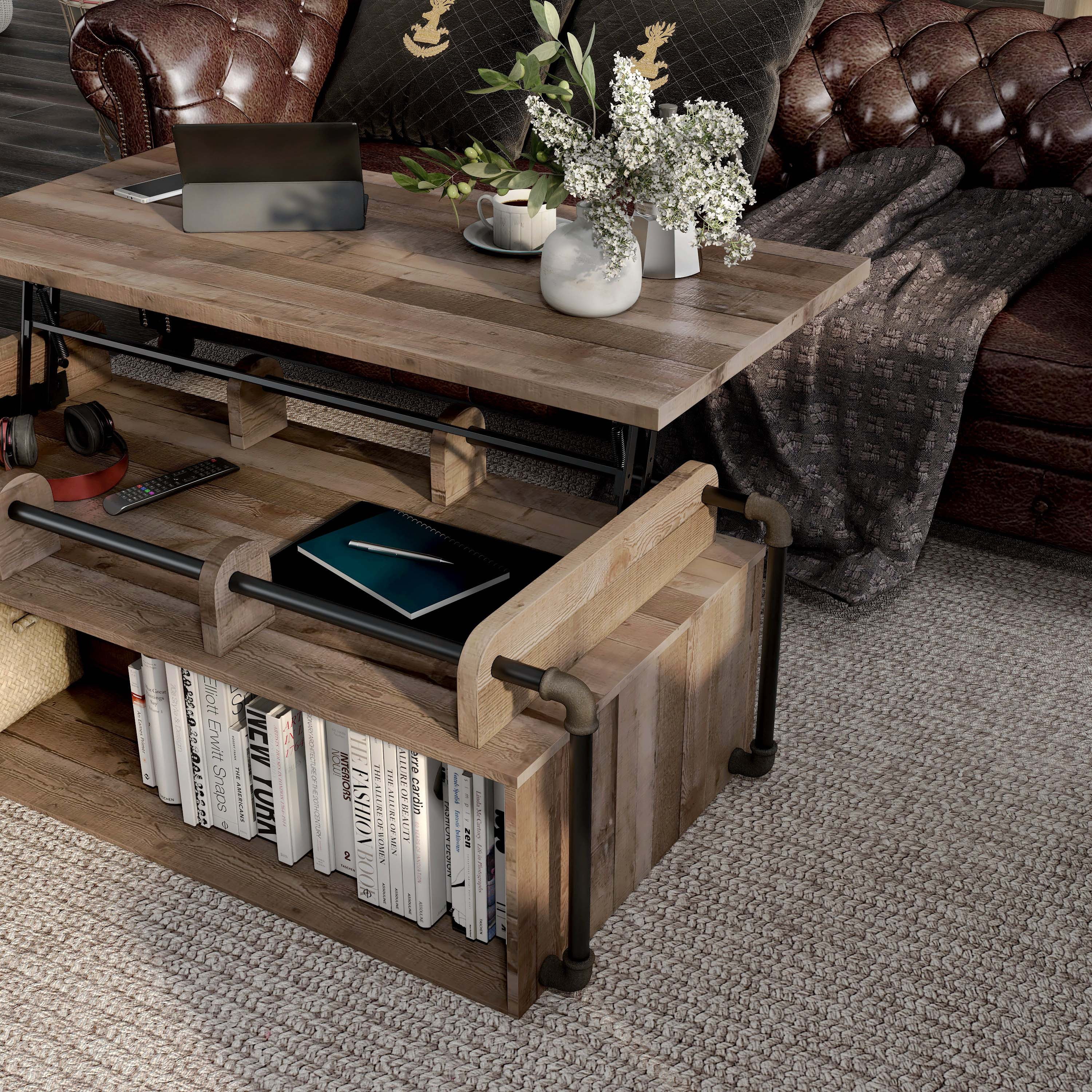 Furniture of America Junis Industrial Wood and Metal Lift Top Coffee Table, Reclaimed Barnwood