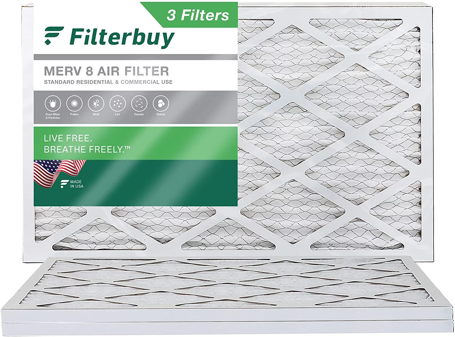 Filterbuy 12x25x1 MERV 8 Pleated HVAC AC Furnace Air Filters (3-Pack)