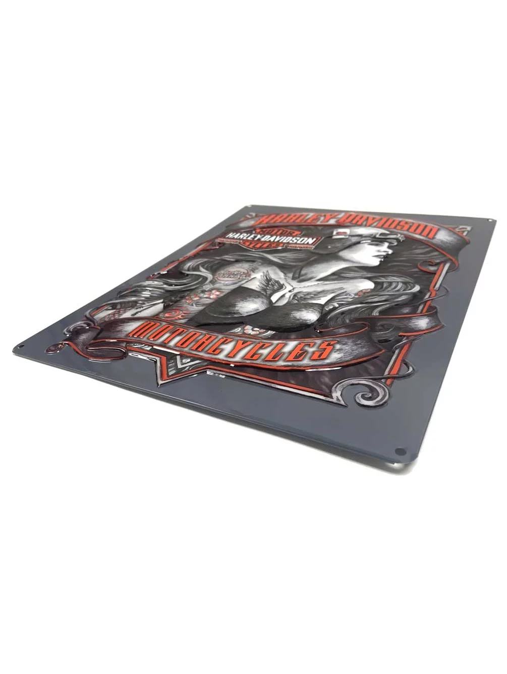 Harley-Davidson Tonal Biker Babe Embossed Tin Sign, 17 x 12.5 inches - Gray, Harley Davidson