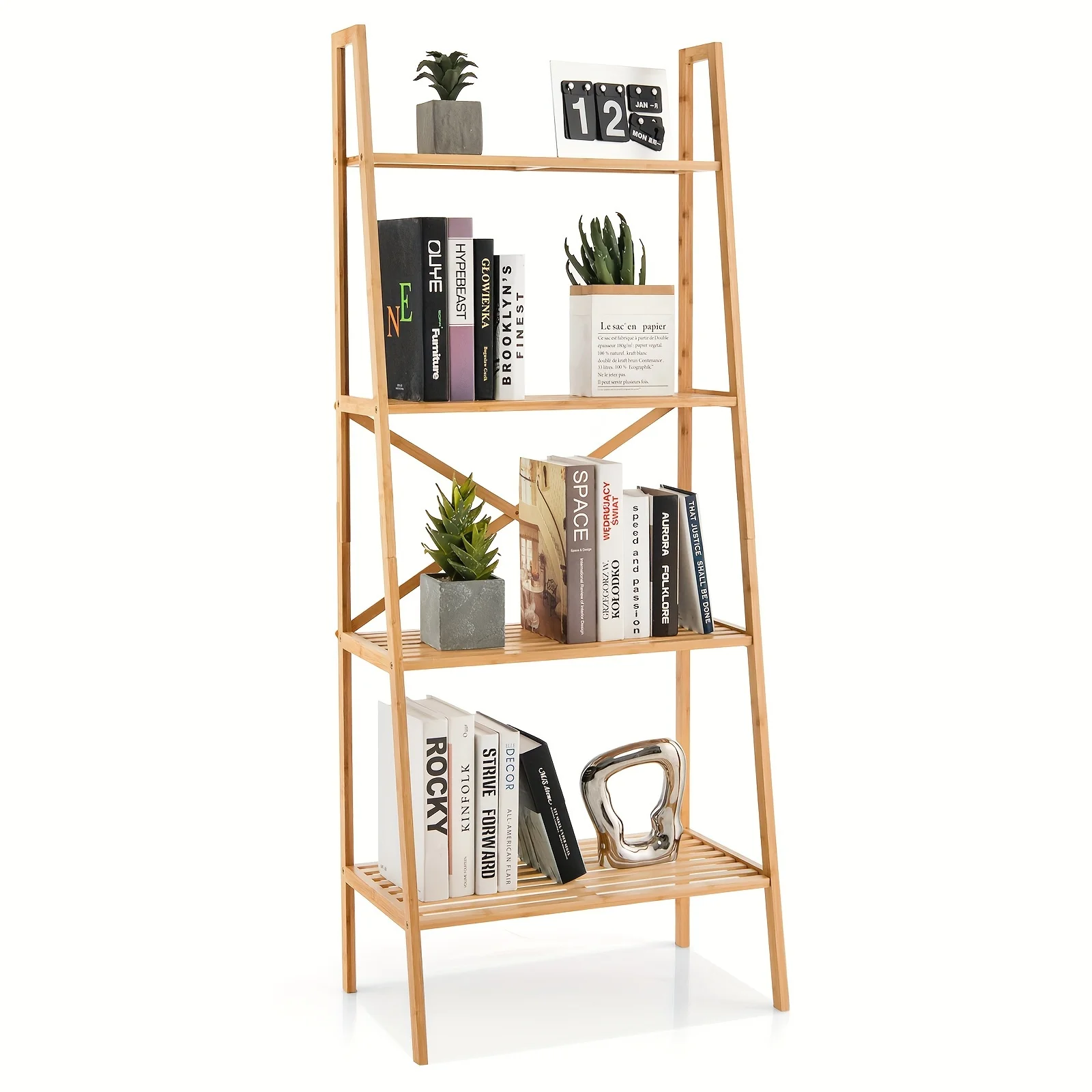Tangkula 4 Tier Bamboo Ladder Bookshelf, Freestanding Plant Display Stand w/Anti-Tipping Device, Multifunctional Storage Shelves Rack for Home Office Living Room Bedroom Study Hallway (Natural)