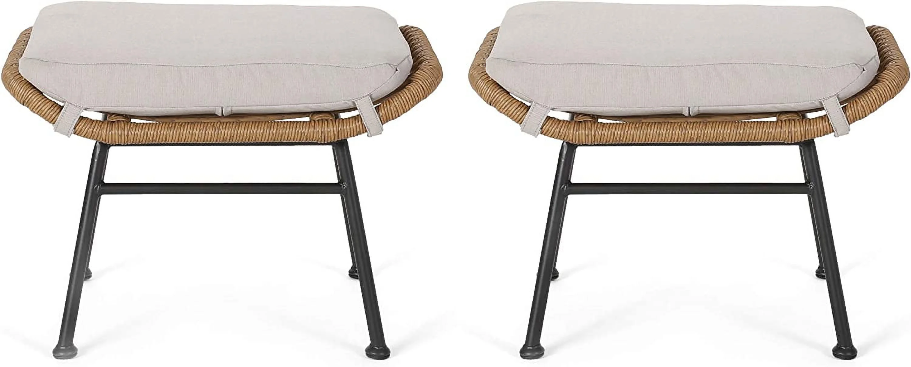 Gloria Outdoor Modern Boho Wicker Ottoman (Set Of 2), Light Brown, Beige, And Black