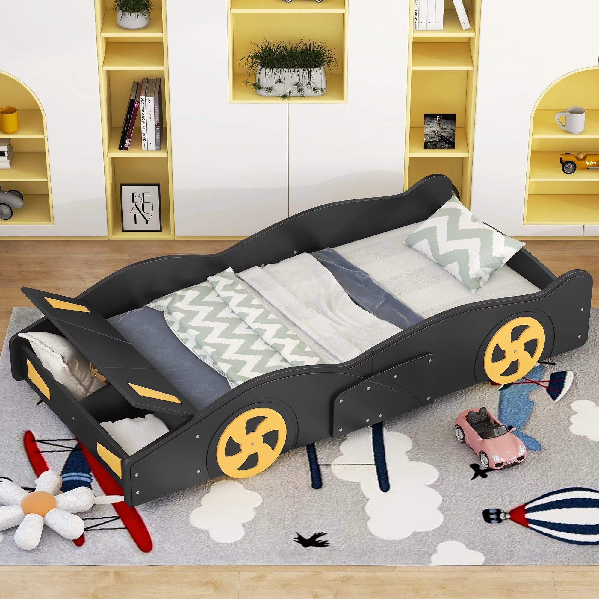 Homiyad Twin Size Race Car-Shaped Platform Bed with Wheels and Storage, Black+Yellow