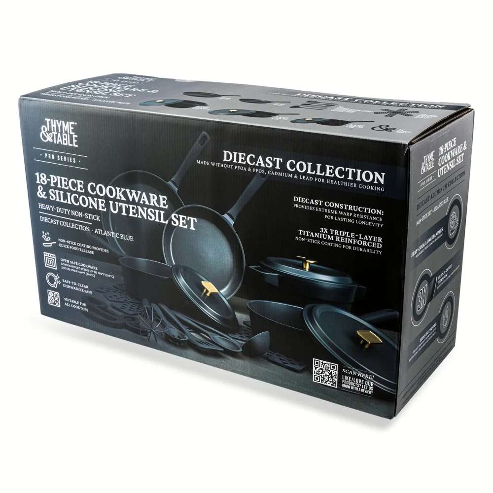Thyme & Table 18-Piece Non-Stick Diecast Cookware & Silicone Utensil Set, Atlantic Blue