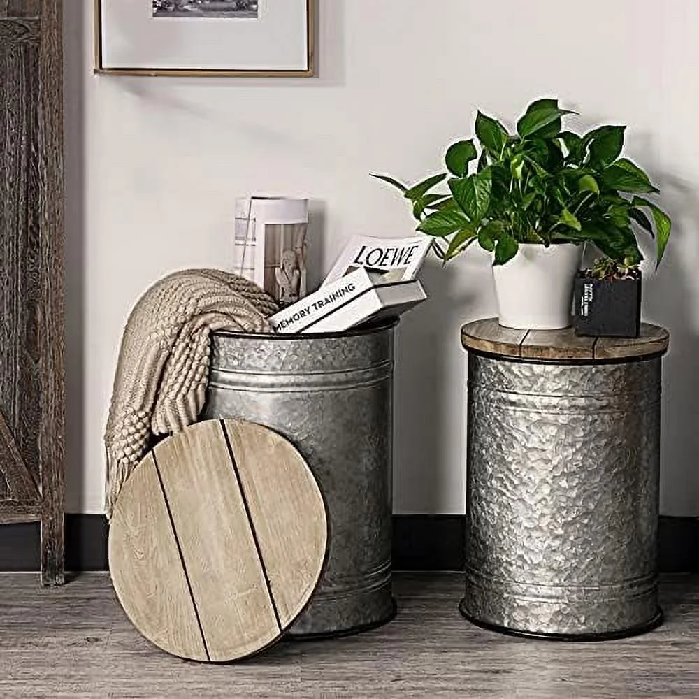 GVJMTKP Rustic  Bins Farmhouse End Table Farmhouse  Galvanized Metal Stool Ottoman Seat with Round Wood Lid
