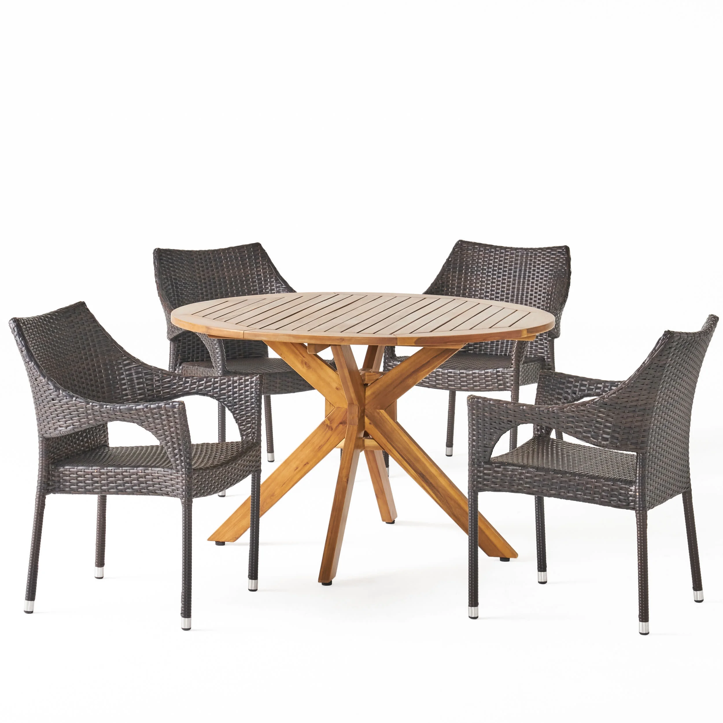 GDF Studio Pia Outdoor Wicker and Acacia Wood 5 Piece Dining Set, Gray