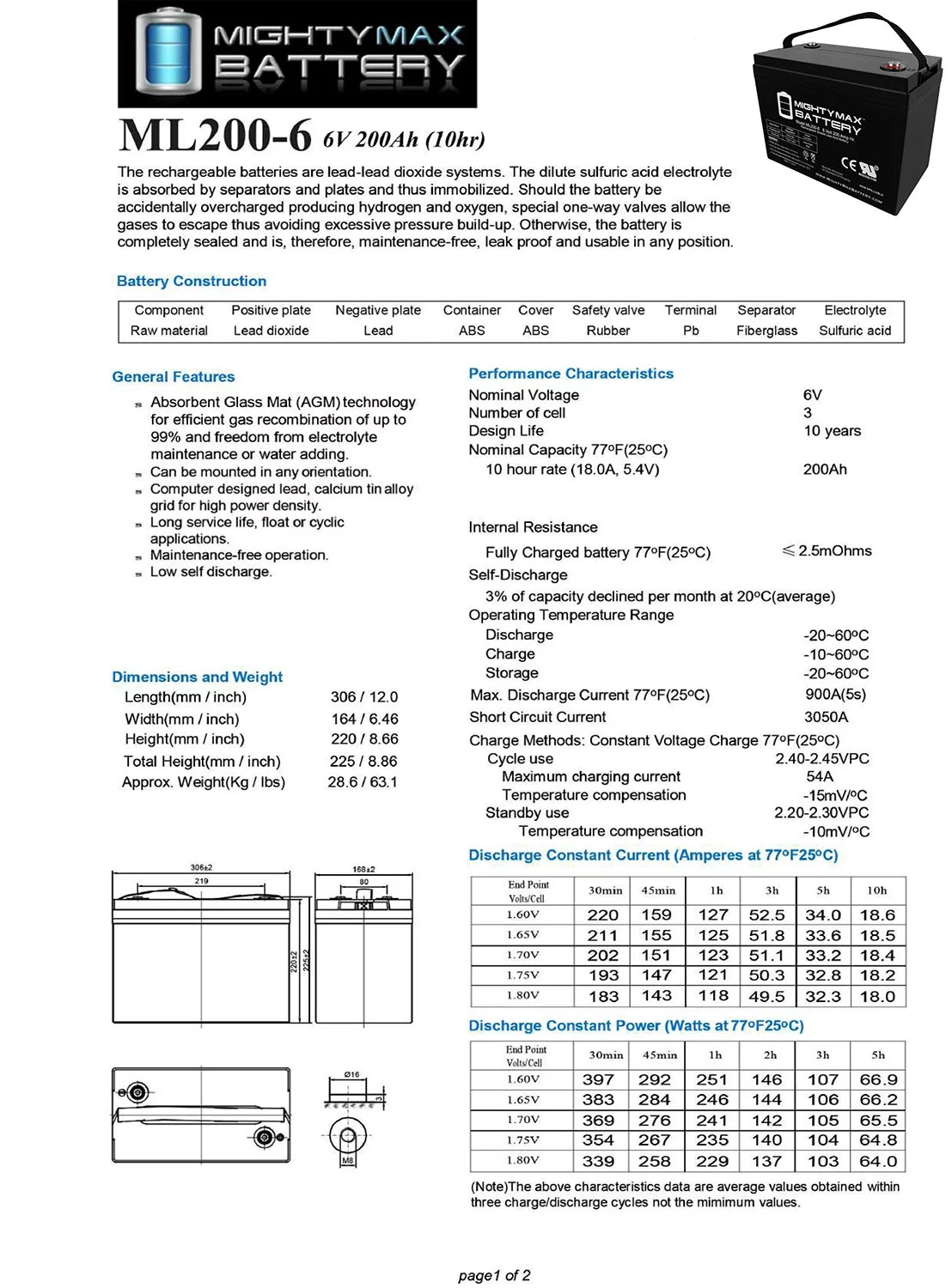 6V 200AH SLA Battery Replaces Camper Golf Cart RV Boat Solar Wind