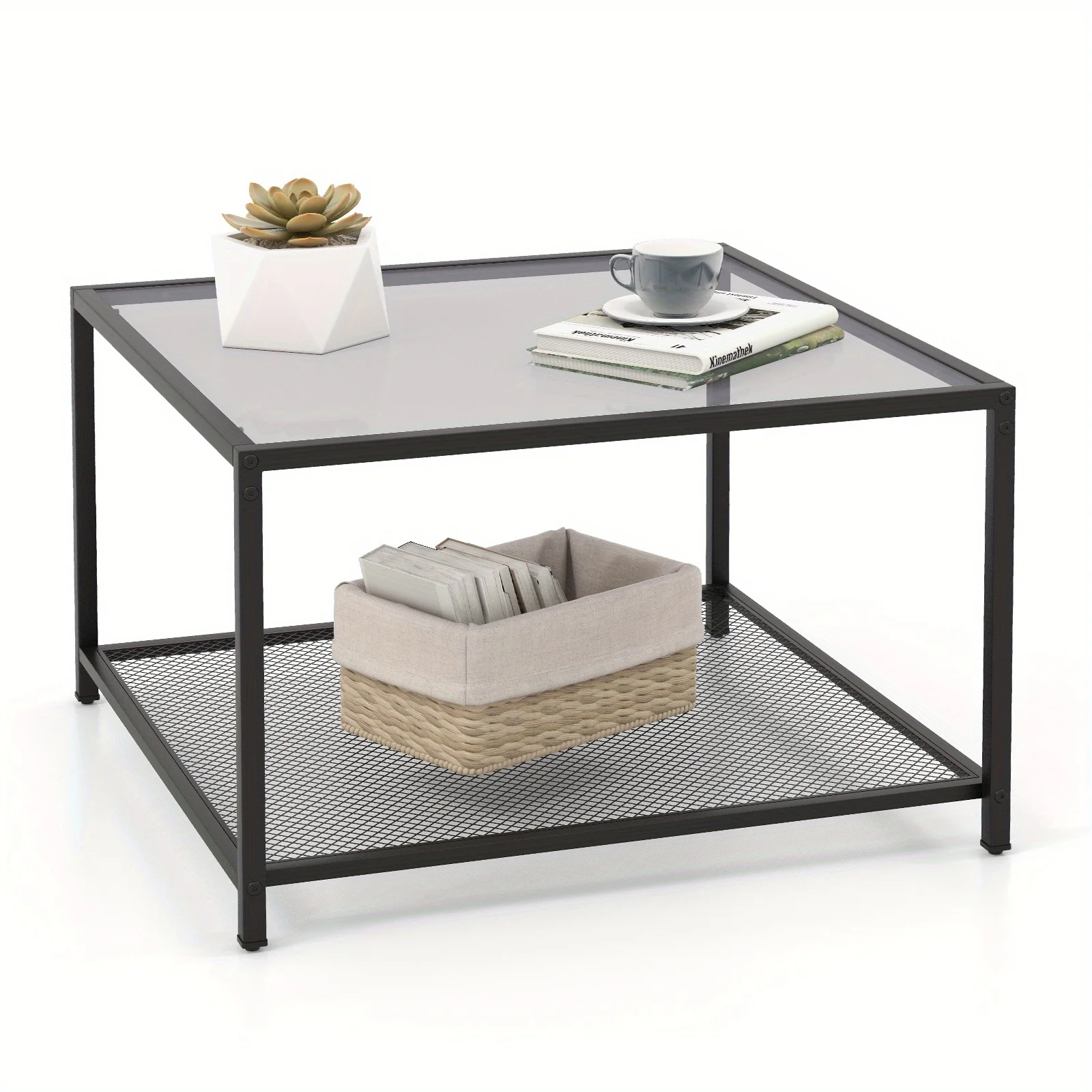 27.5” Square Glass Coffee Table, 2-Tier Glass Top Accent Table w/Mesh Shelf & Metal Frame, Modern Center Tea Table for Living Room, Home, Office, Grey