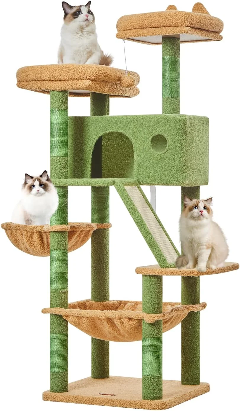 57.5-Inch Cat Tree for Large Cats, Plush Multi-Level Cat Condo with 8 Scratching Posts, 2 Perches, Cave, Hammock, 2 Pompoms, Scratch Board for Indoor Cats -MSC026 Cactus