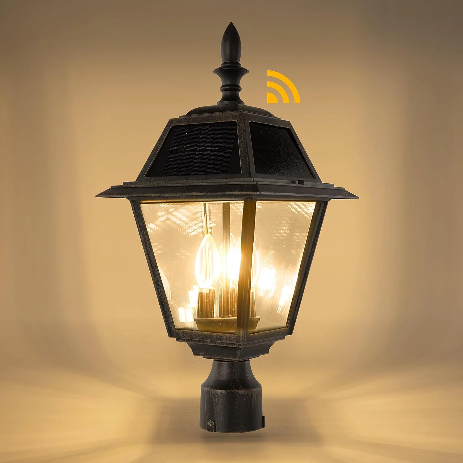 HAOFEI Outdoor Solar Lamp Post Light, Dusk to Dawn 300LM Waterproof Pole Light Head with 4 Pcs Glass, Exterior Solar Powered Fence Post Light Fixtures for Garden, Patio, Yard(Brown)