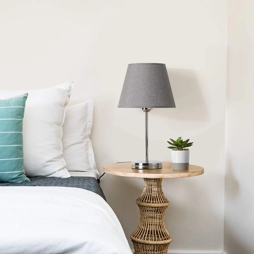 Bedside Lamps Set of 2 with Metal Base Fabric Lamp Shade, Modern Nightstand Lamps Black/Silver