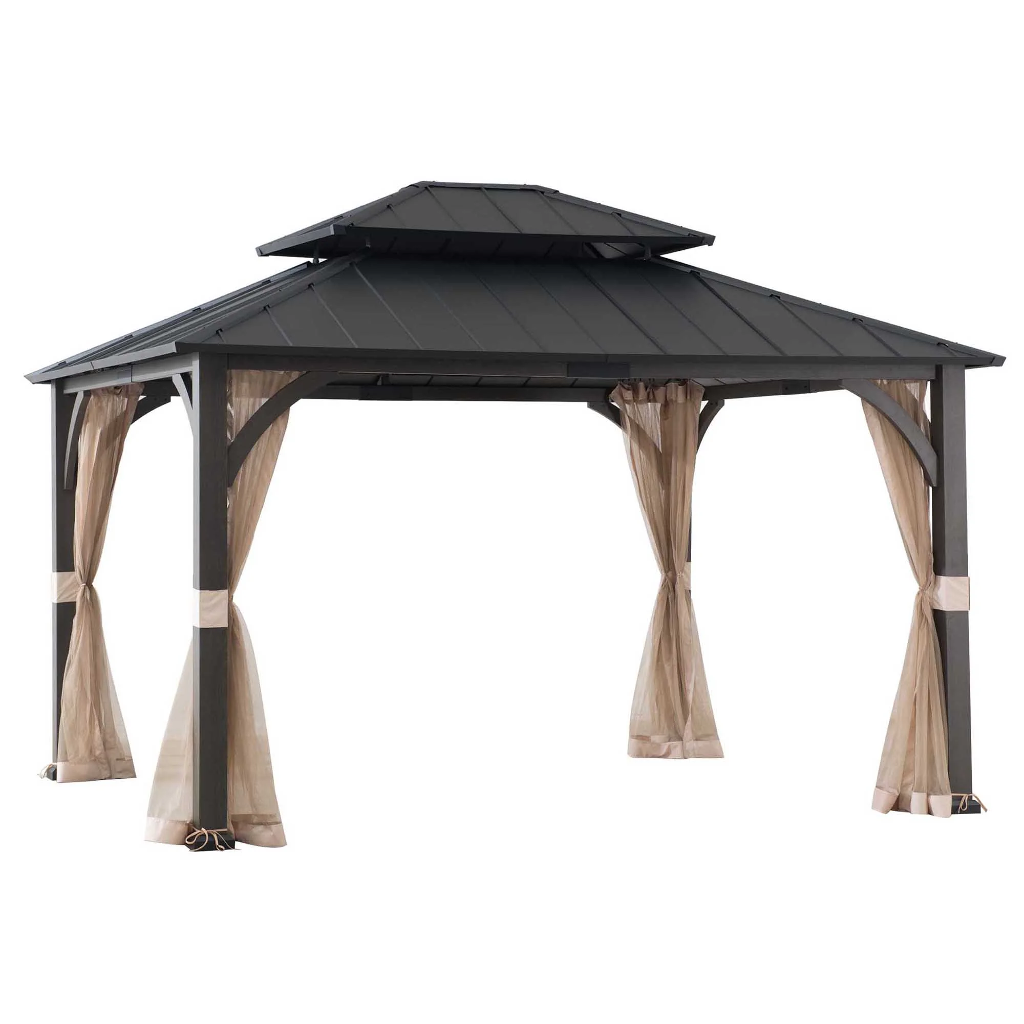 Sunjoy 13x15x10.4 Churchill Hard Top 2-Tier Metal Gazebo With Netting