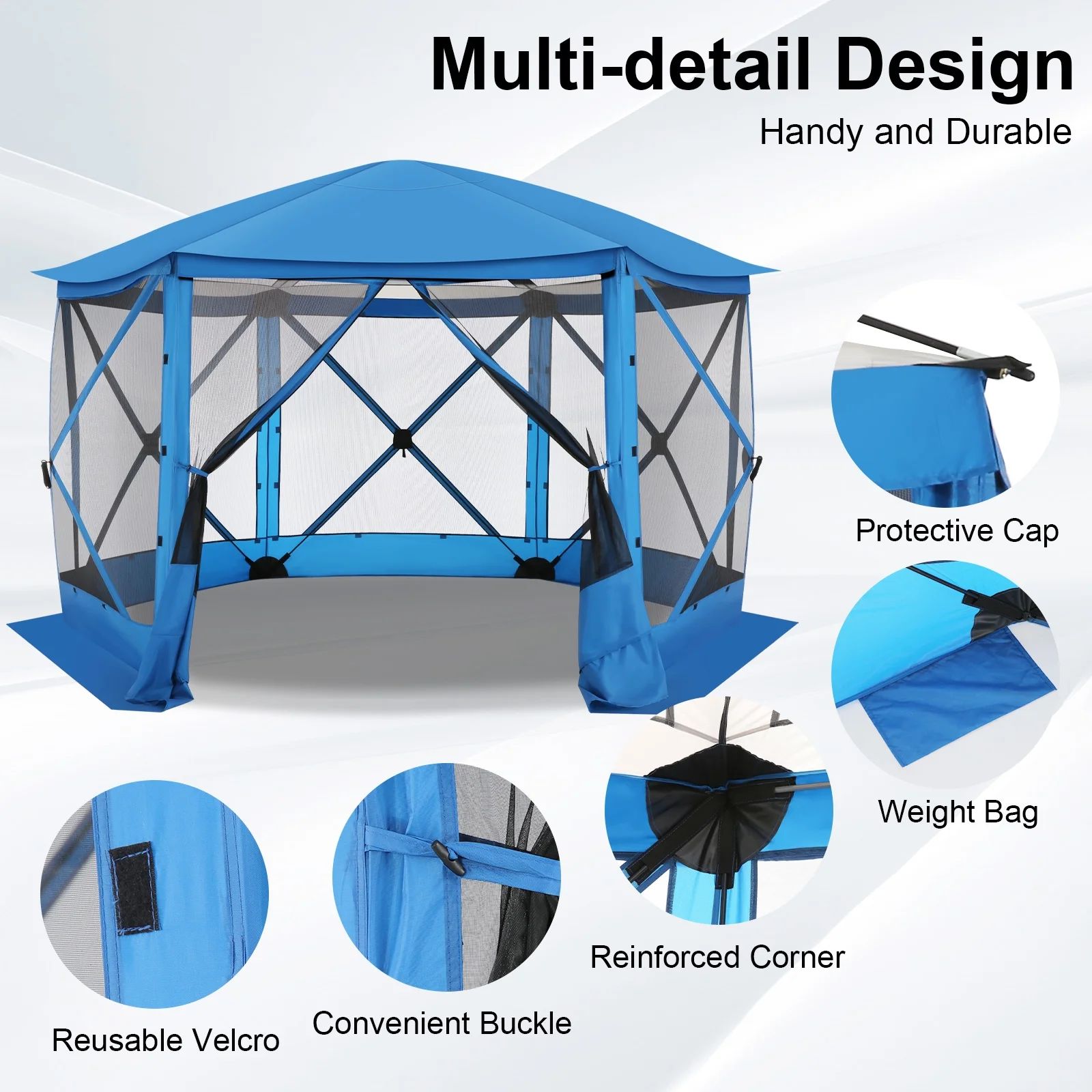 Hoteel 12x12 Pop Up Gazebo Propped-up Canopy Camping Tent with Mosquito Nettings, Waterproof, UV 50+ Resistant, Hub Tent Instant Screened Canopy with Mesh Windows, Carry Bag & Ground Stakes, Blue