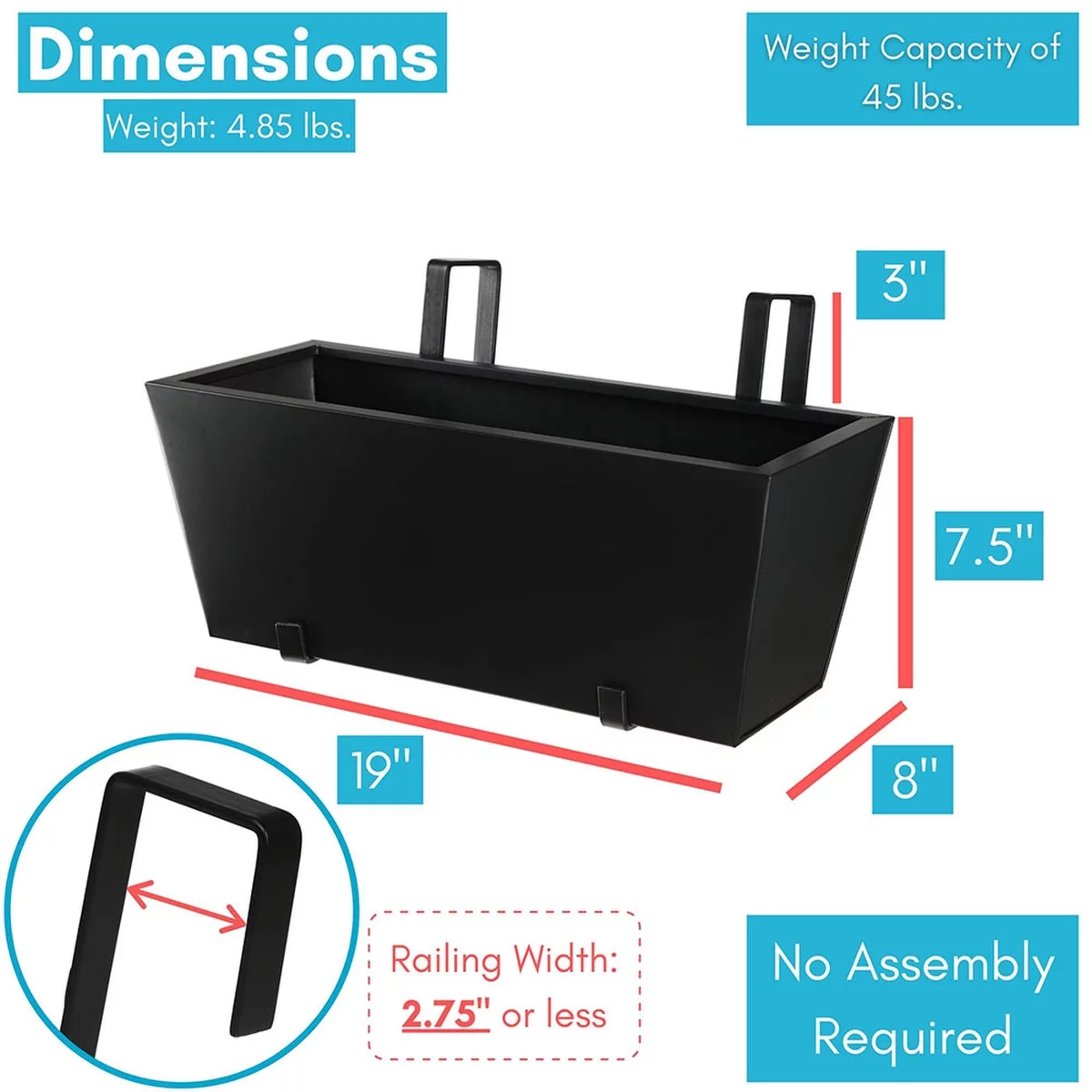 BIRDROCK HOME 1pk Metal Railing Planter - Black