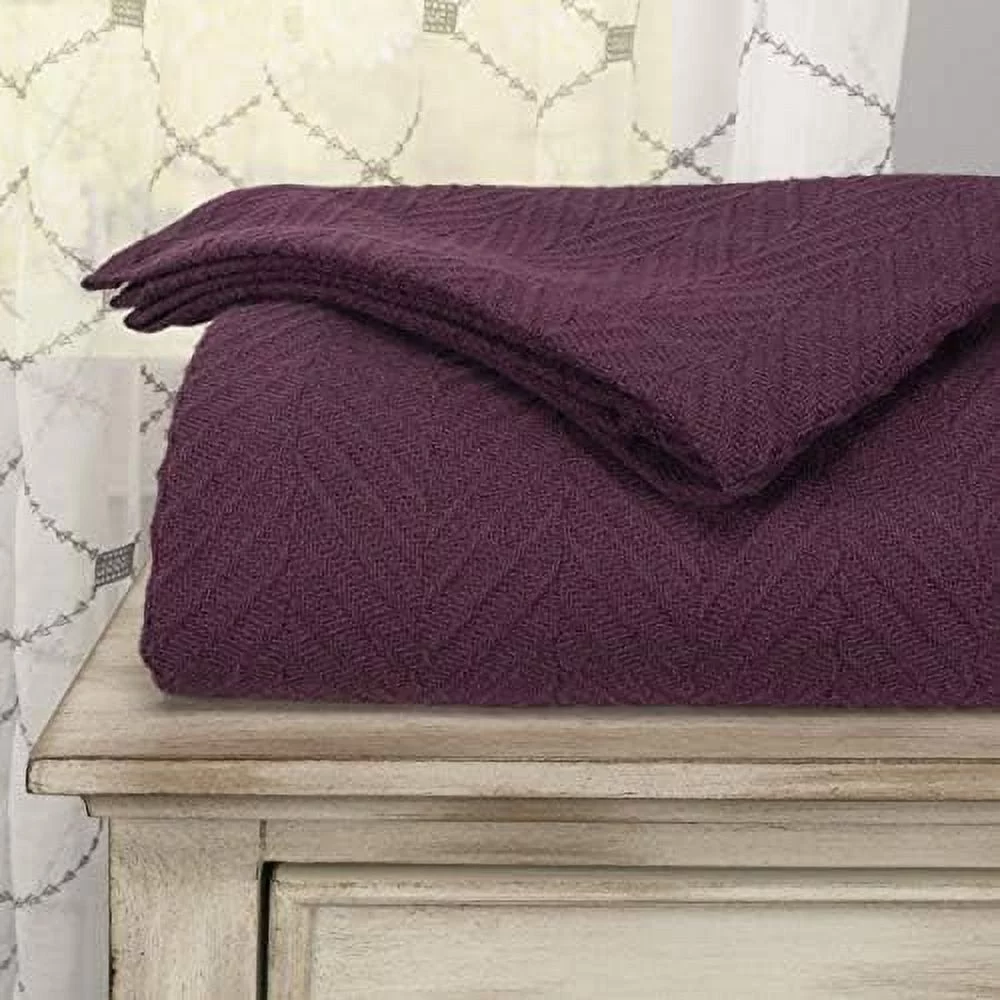 Cotton All-Season Premium Thermal Blanket- Plum Woven Reversible Ultra-Soft And Warm Herringbone Blanket For Bed/Couch, King, 108