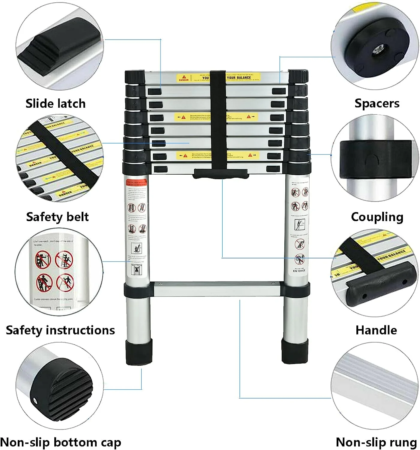 Telescoping Ladder, 8.5 FT Aluminum Extension Ladder Step Ladders Loft Ladder Attic Ladder Collapsible Ladders for Home, Multi-Purpose Telescopic Compact Ladder for Roof, 330 Pound , EN131
