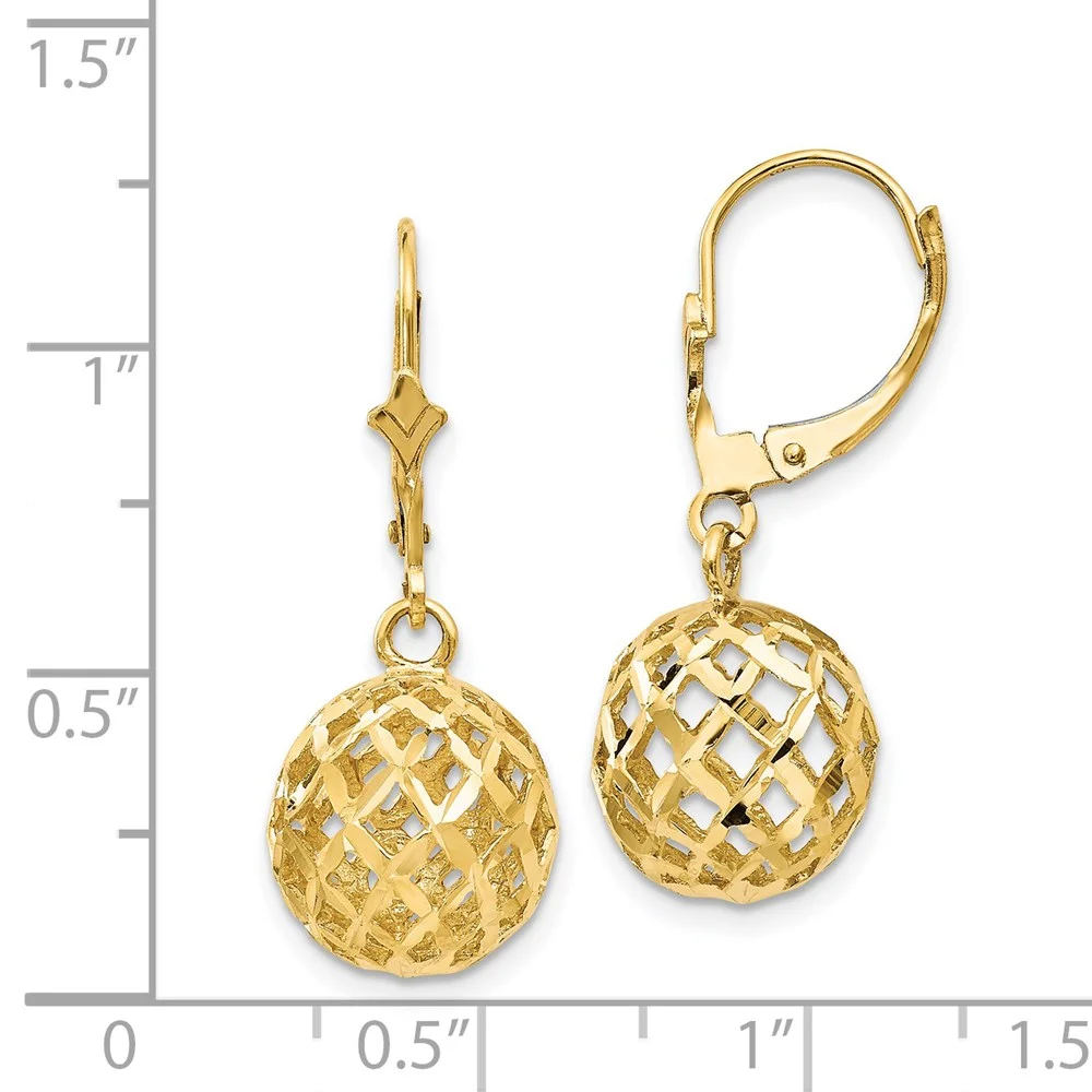 Primal Gold 14 Karat Yellow Gold Polished and Diamond-Cut Mesh Ball Dangle Leverback Earrings