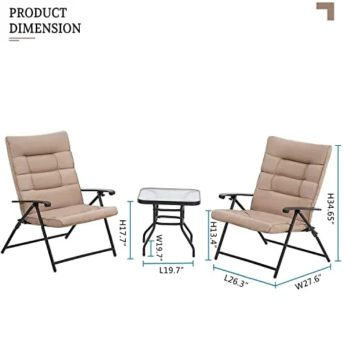 SUNCROWN 3-Piece Outdoor Furniture Patio Padded Folding Chair Set Patio Bistro Set Foldable Adjustable Reclining Lounge Chair with Coffee Table, Red