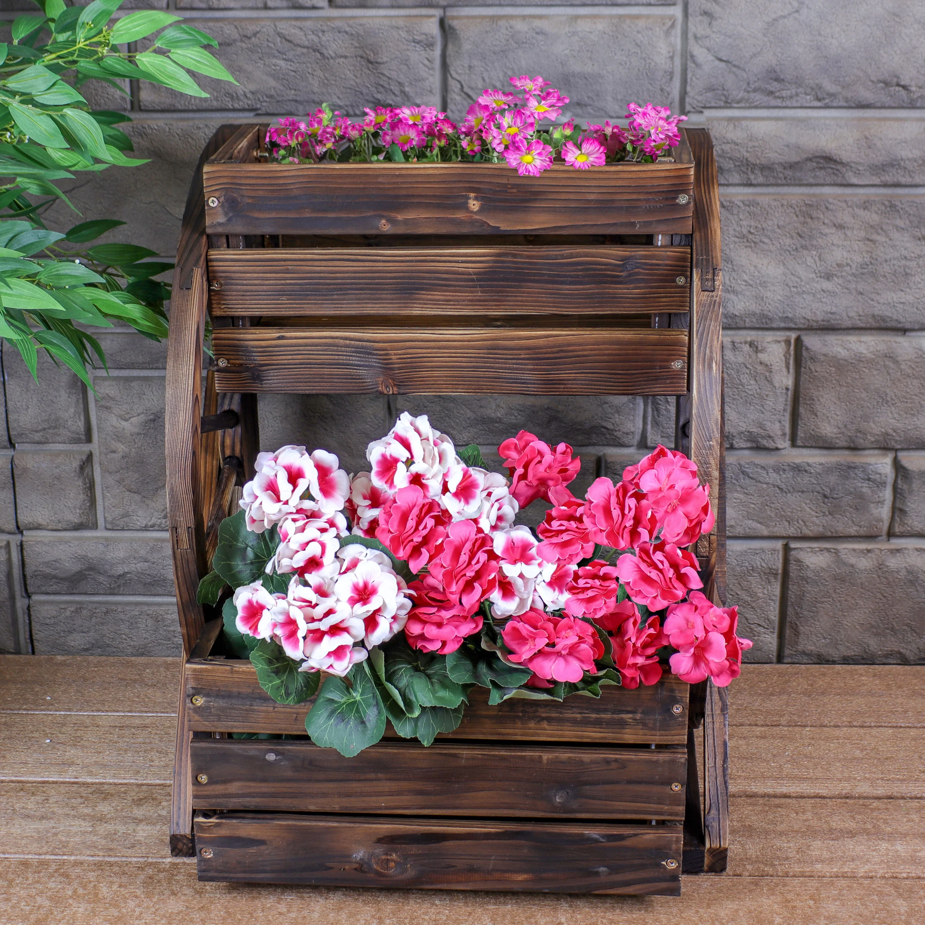 Sunnydaze Wagon Wheel 2-Tier Rustic Wood Plant Stand