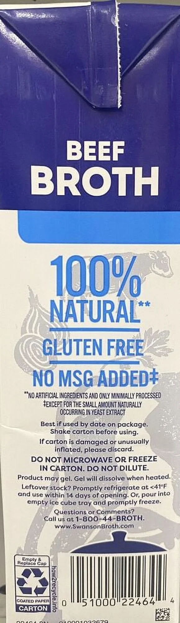 Beef Broth 100% Natural - UNSALTED Gluten Free 32 oz Carton 2 Lbs