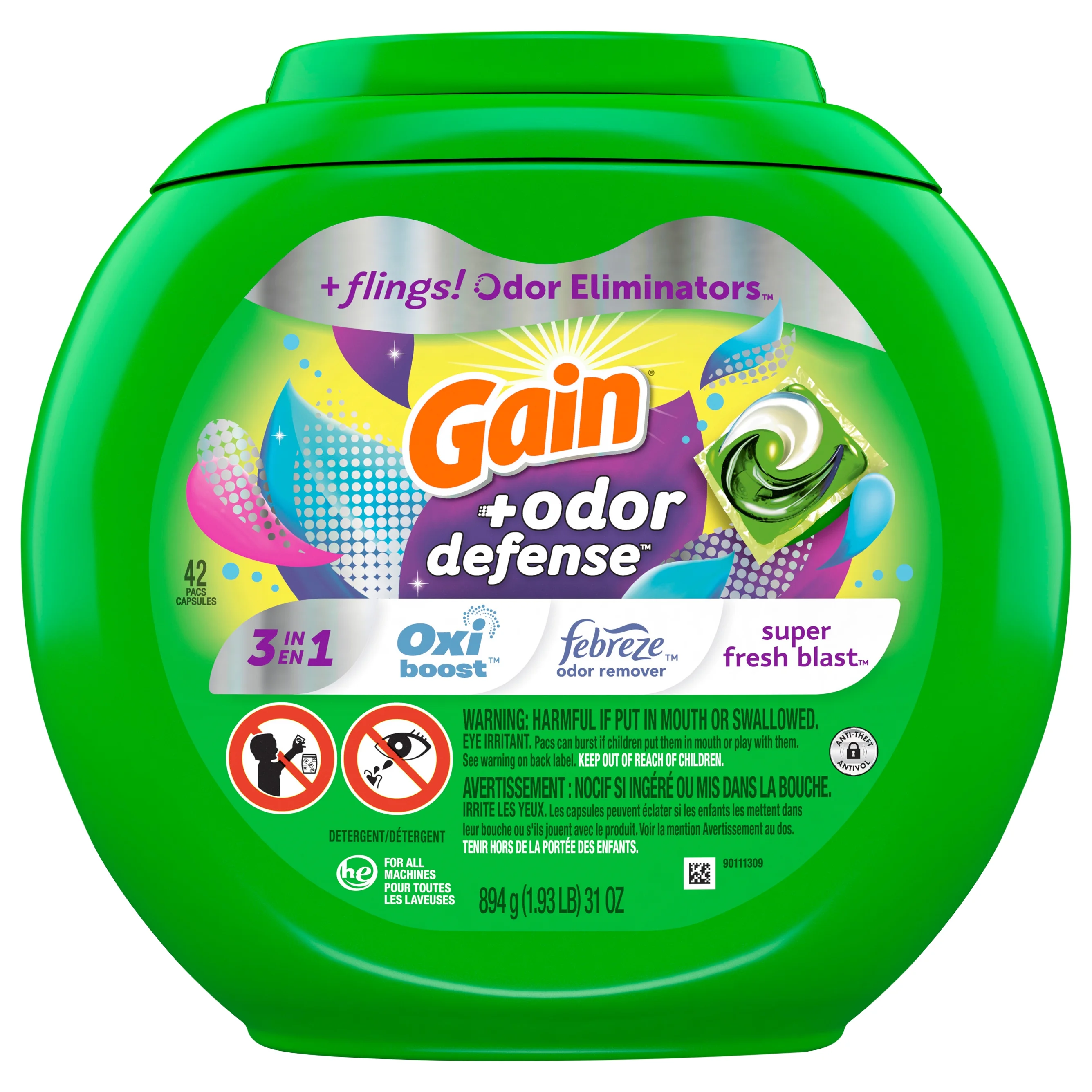 Gain Flings Super Fresh 3-in-1 with Febreze and Oxi Odor Defense Liquid Laundry Detergent Pacs - 31oz/42ct