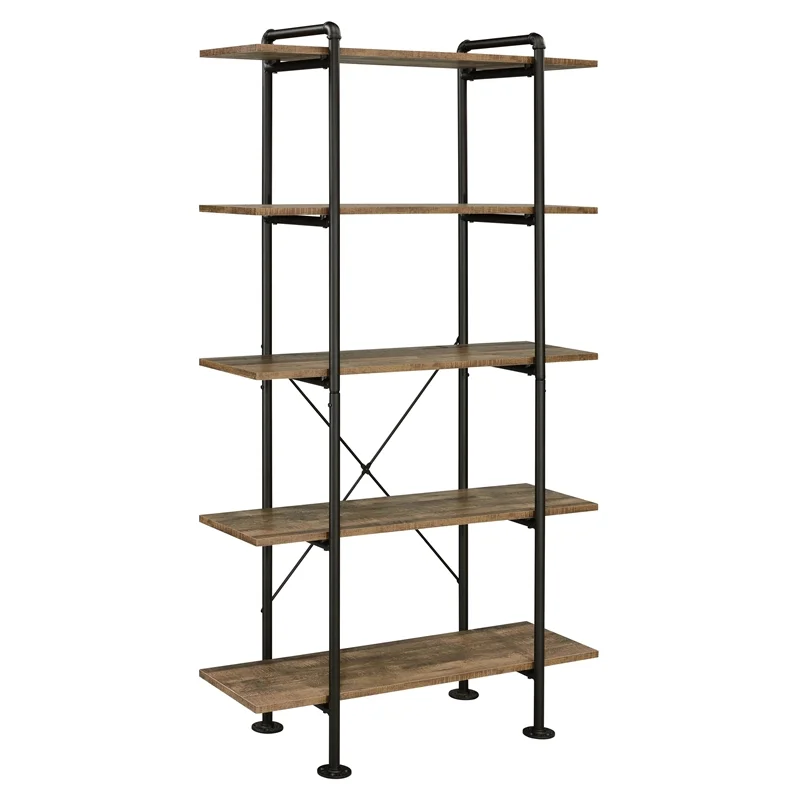 Bowery Hill 5 Wooden Tiers Shelf Bookcase in Rustic Oak and Black