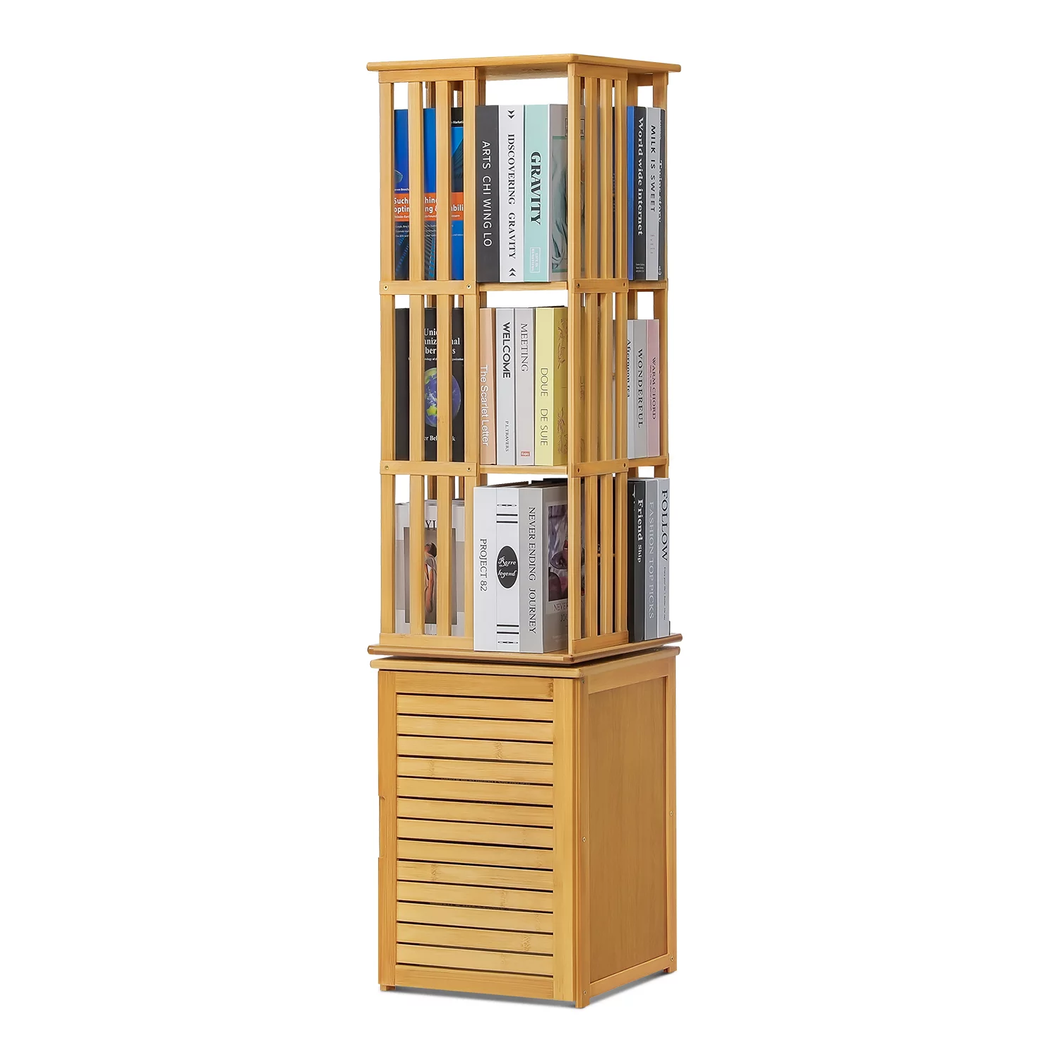 Magshion Bamboo 5 Tiers Swivel Bookcase with Door, Display Storage Bookshelf, Natural, for Home