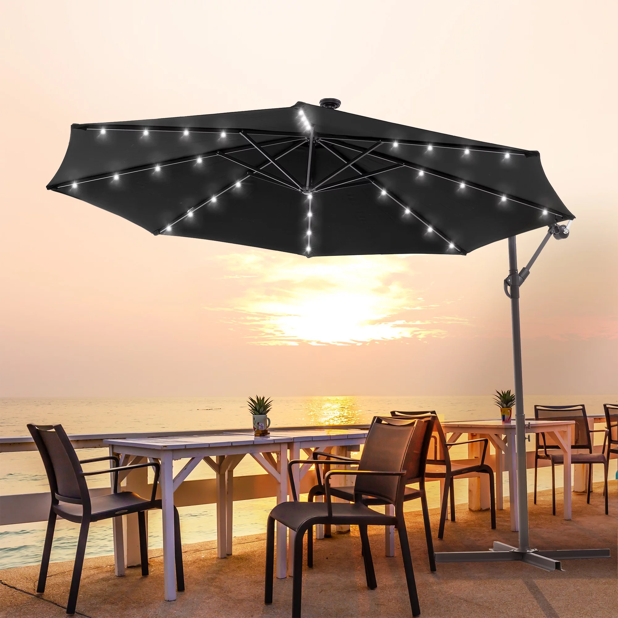 ACEGOSES 10ft 32 LED Outdoor Patio offset Umbrella, Solar Lighted Hanging Umbrella with 8 Ribs for Desk,Garden,Yard,Black