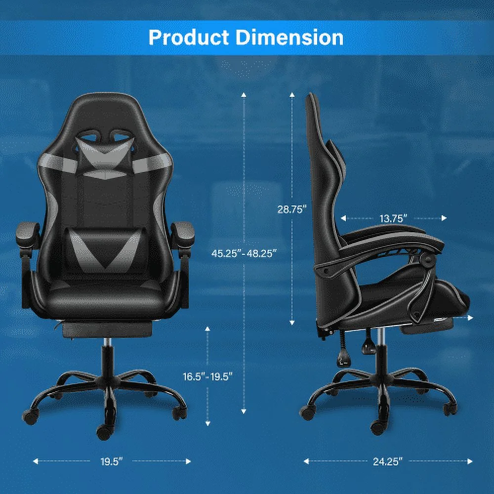 Racing Video Backrest and Seat Height Recliner Gaming Office High Back Computer Ergonomic Adjustable Swivel Chair, With footrest, Black/Grey