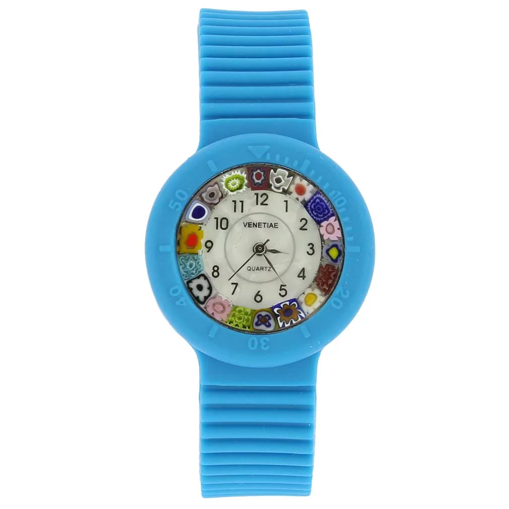 GlassOfVenice Murano Glass Millefiori Watch with Rubber Band - Aqua Blue
