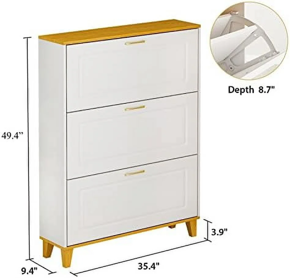 TJUNBOLIFE Modern Shoe Cabinet with 3 Flip Drawers & 1 Door  Wood 3-Tier Shoe Rack  Organizer with Legs for Entryway  Hallway  White (47.2\u201DW x 9.5\u201DD x 49.4\u201DH)